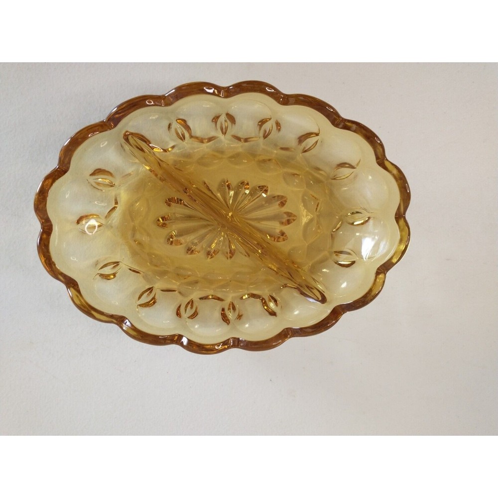 Amber Glass Anchor Hocking Oval Thumbprint Divided Nut Candy Relish Dish Ashtray